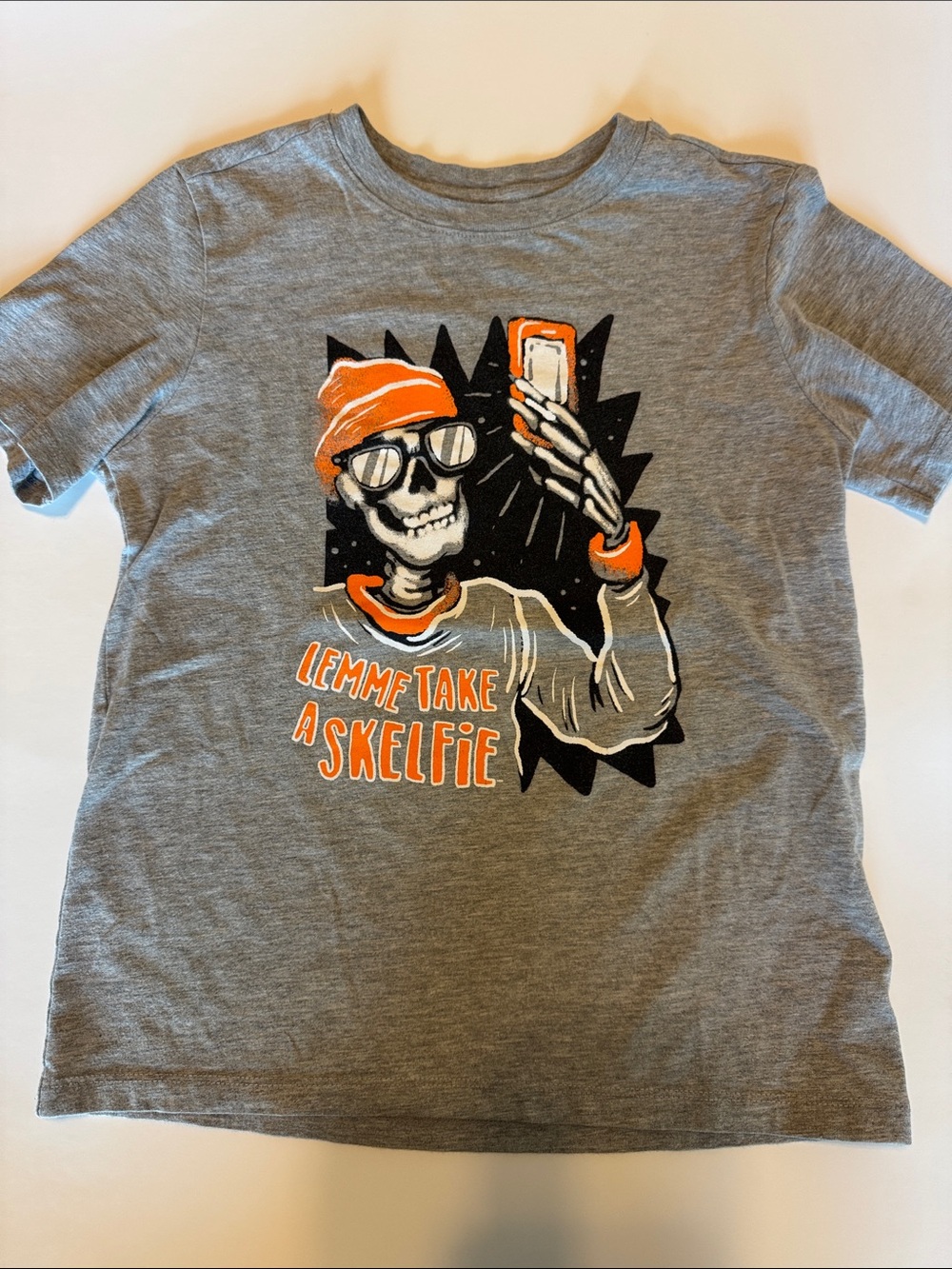 Gray Kids Short-Sleeve Tee with Orange Skeleton Selfie Graphic